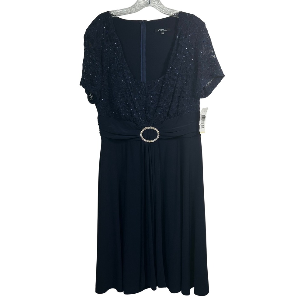 Onyx Nite Navyβ Blue Lace Sequin Rhinestone Empire Waist Cocktail Dress 14W NEW